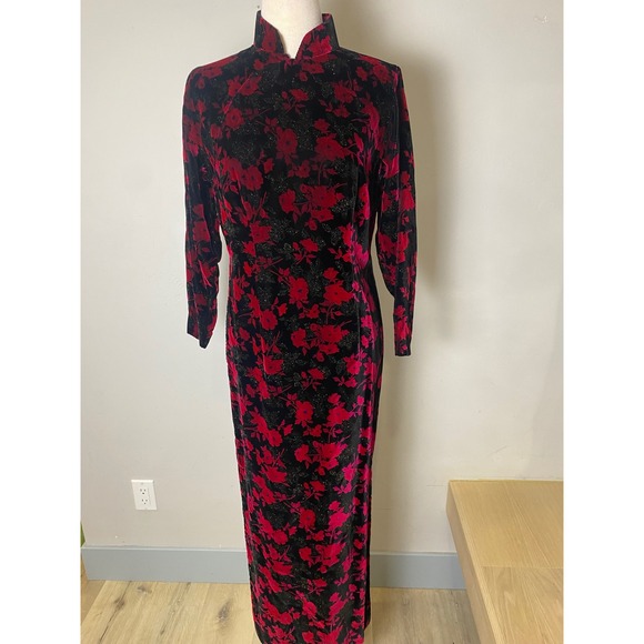 Vintage Dresses & Skirts - Vintage 60s 70s Black Fuschia Floral Velvet Sparkles Cheongsam Maxi Dress M/L